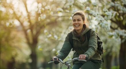 Wall Mural - A beautiful woman is smiling and riding her bicycle in the park, in a springtime scene with blooming trees