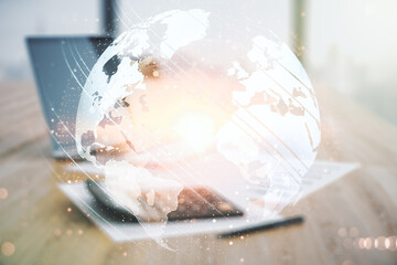 Poster - Multi exposure of abstract graphic world map on blurry calculator and computer background, big data and networking concept