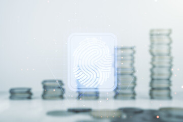 Aufkleber - Multi exposure of virtual graphic fingerprint sketch on coins background, fingerprint scan data concept