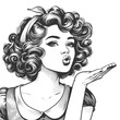 pin-up girl playfully blowing air kiss, perfect for romantic themes sketch engraving generative ai fictional character raster illustration. Scratch board imitation. Black and white image.