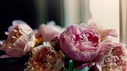 Wall Mural - Pink peonies bloom in front of a window, casting shadows