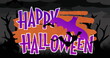 Image of happy halloween text over trees