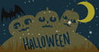 Image of halloween text over moon and pumpkins