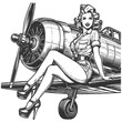 pin-up girl sitting seductively on the wing of a classic airplane, capturing the spirit of aviation and retro glamour sketch engraving generative ai fictional character raster illustration. 