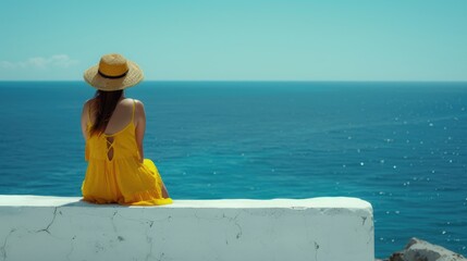 Poster - Woman in yellow dress and straw hat sitting on wall overlooking ocean. Suitable for travel and vacation themes