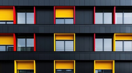 Poster - A black building with striking yellow and red windows. Suitable for architectural and urban themes