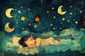 Poster - A little girl peacefully sleeping on a fluffy cloud, ideal for dreamy concepts