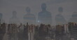 Image of people silhouettes, light and data over cityscape