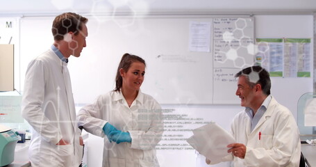 Poster - Image of caucasian doctors talking over data processing