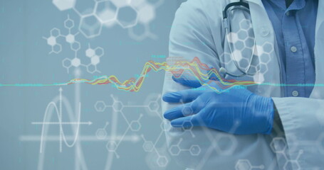 Poster - mid section of male doctor against dna structure and medical worker at hospital