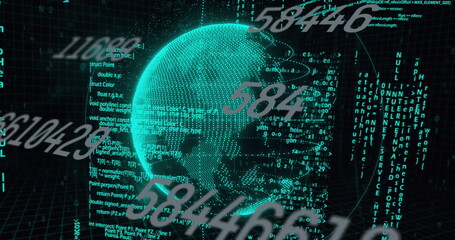 Poster - Image of numbers, data and globe on black background