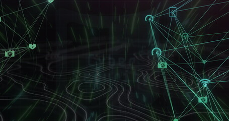 Poster - Image of cyber safety text, shield, key in circle over app icons interconnected with lines