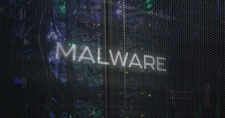 Poster - Image of malware text over data processing and computer motherboard and servers