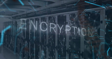 Poster - Image of encryption text over data processing and computer motherboard and servers