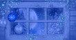 Image of snowflakes over window with night winter landscape and baubles
