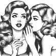 pin-up girls, one whispering a secret into the other ear, with expressive faces sketch engraving generative ai fictional character raster illustration. Scratch board imitation. Black and white image
