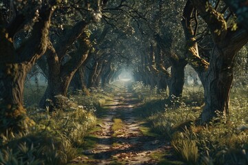 Poster - A scenic dirt road winding through lush green trees and grass. Perfect for outdoor and nature concepts