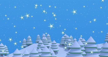 Poster - snowflakes gently falling over snow-covered pine trees