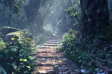 Poster - A serene path in a lush green forest, perfect for nature-themed designs