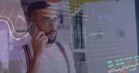 Poster - Image of data processing over biracial businessman talking on smartphone