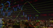 Colorful stock market graphs overlaying night cityscape