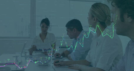 Poster - Image of graphs over multiracial coworkers discussing reports in meeting at office