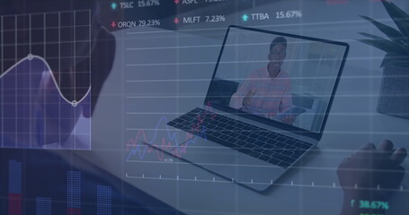 Poster - Financial data processing over african american woman watching image on laptop