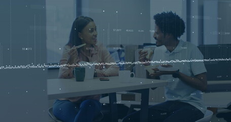 Poster - Image of graphs and changing numbers over diverse coworkers talking while eating food
