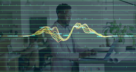 Canvas Print - Image of data processing over financial data processing over delivery man warehouse