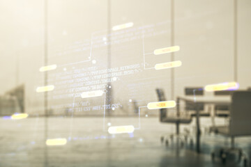 Poster - Abstract virtual coding illustration on a modern coworking room background, software development concept. Multiexposure