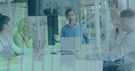 Poster - Image of financial data processing over diverse business people having meeting at office