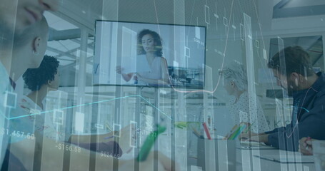 Poster - Image of financial data processing over business people working in office