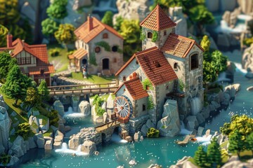 Poster - A miniature model of a small town with a river running through it. Suitable for architectural design projects