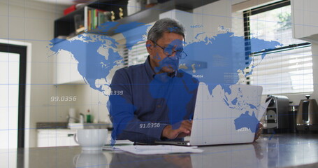 Poster - Image of world map with data processing over senior biracial man using laptop