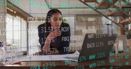 Poster - Image of stock market data processing over african american woman working on her plan