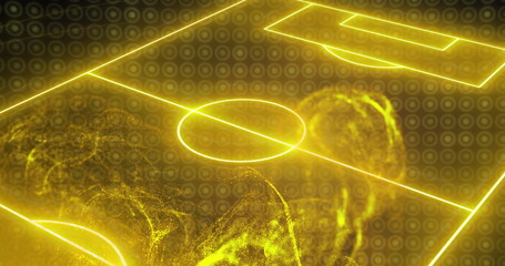 Poster - Image of yellow glowing digital wave over neon football pitch layout against black background