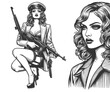 noir style female agent in a trench coat and beret, holding a rifle with a focused expression sketch engraving generative ai fictional character raster illustration. Black and white image.