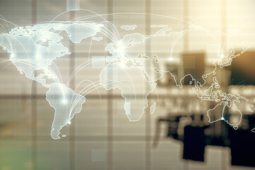 Aufkleber - Abstract graphic digital world map hologram with connections on a modern coworking room background, globalization concept. Multiexposure