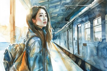 Poster - A beautiful watercolor painting of a woman waiting at a train station. Perfect for travel or transportation themes