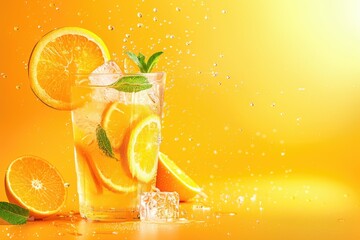 Poster - A glass filled with orange slices and ice. Perfect for summer beverage concepts