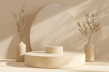 Aufkleber - A simple setup with white table, vases, and mirror. Perfect for interior design projects