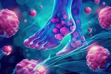 Poster - Illustration of a human foot surrounded by cells, suitable for medical and scientific projects