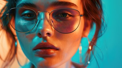 Aufkleber - A detailed shot of a woman wearing glasses, suitable for various projects