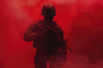 Poster - A man in a military uniform holding a gun. Suitable for military or security concepts