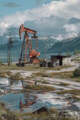 Poster - An oil pump in a field with majestic mountains in the background. Suitable for energy or industrial concepts