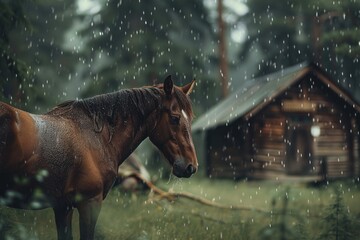 Wall Mural - A horse standing in the rain in front of a cabin. Suitable for outdoor and rural concepts