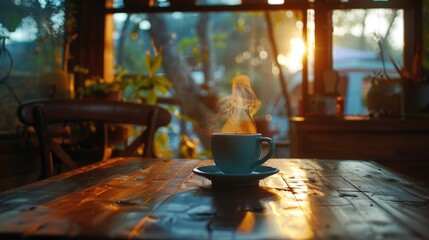 Poster - A cup of coffee on a wooden table, perfect for coffee shop promotions