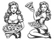 vintage-styled woman eats cheesy slice of pizza sketch engraving generative ai fictional character raster illustration. Scratch board imitation. Black and white image.