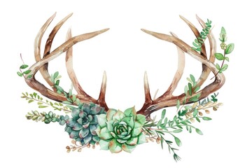 Poster - Detailed watercolor painting of a deer antler adorned with beautiful succulents. Perfect for nature-themed designs and decor