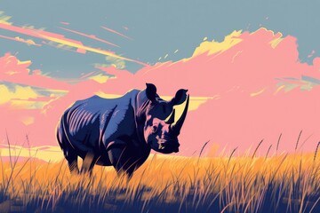 Poster - A majestic rhinoceros standing in a vast field. Ideal for wildlife and nature concepts